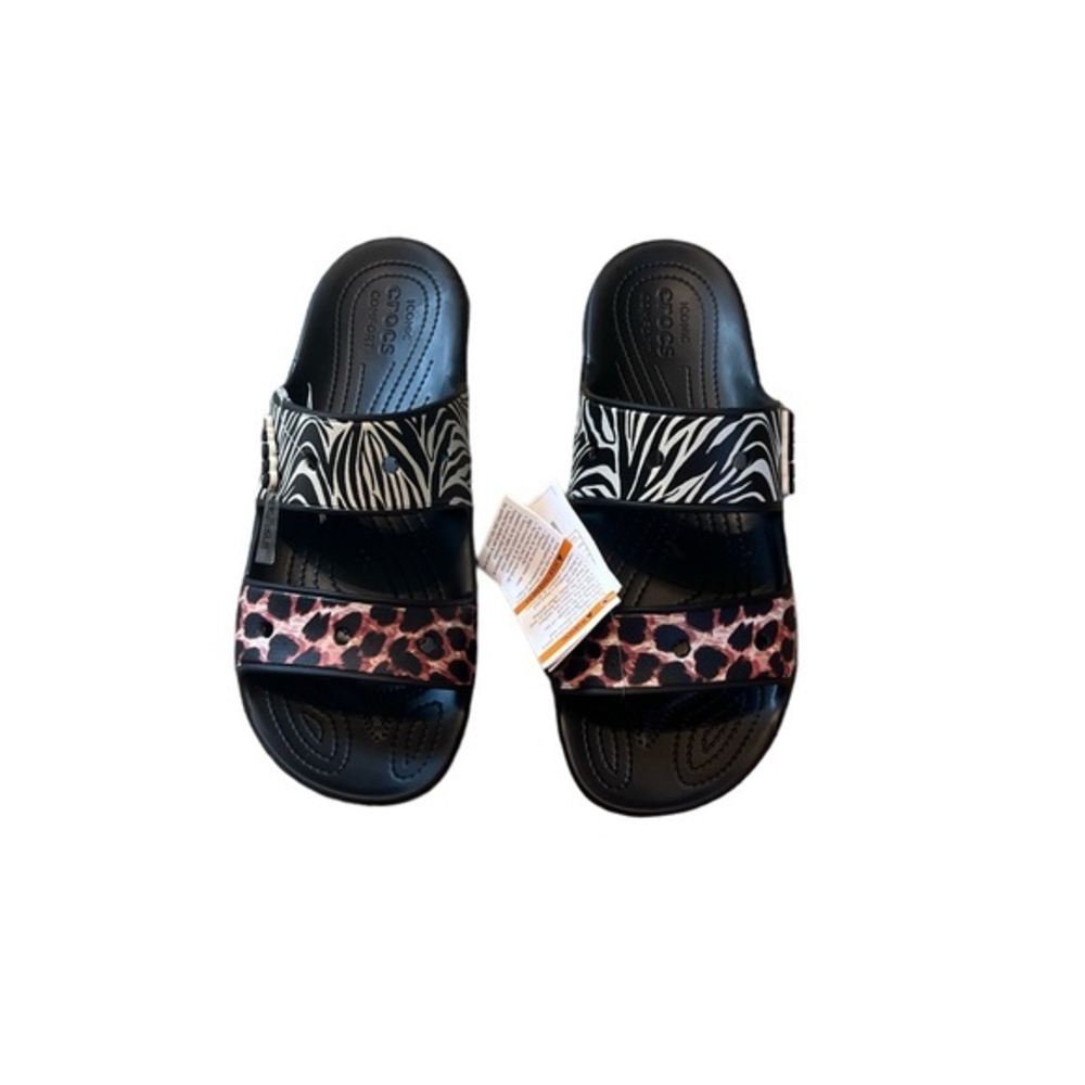 Crocs Classic Crocs Animal Remix Sandals Unisex Black‎ Multi Slides M 12 NEW